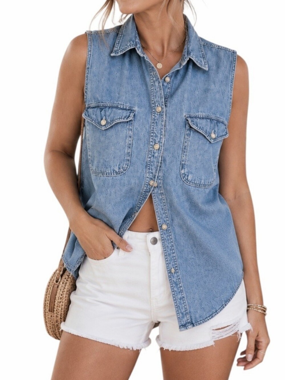 Vintage County Seat Nuovo Denim Shirt Womens Med Sleeveless Trucker Festival Y2K